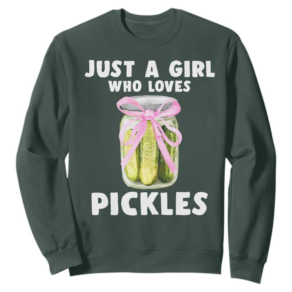 Just a Girl Who Loves Pickles Sweatshirt Pickle Jars with Coquette Bow TS10 Dark Forest Green Print Your Wear