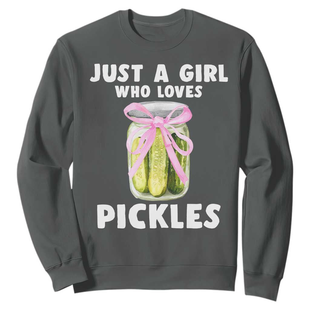 Just a Girl Who Loves Pickles Sweatshirt Pickle Jars with Coquette Bow TS10 Dark Heather Print Your Wear