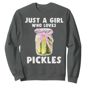 Just a Girl Who Loves Pickles Sweatshirt Pickle Jars with Coquette Bow TS10 Dark Heather Print Your Wear