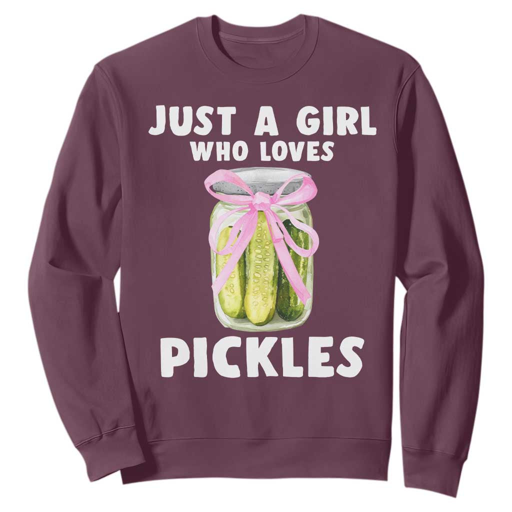 Just a Girl Who Loves Pickles Sweatshirt Pickle Jars with Coquette Bow TS10 Maroon Print Your Wear