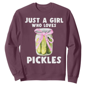 Just a Girl Who Loves Pickles Sweatshirt Pickle Jars with Coquette Bow TS10 Maroon Print Your Wear