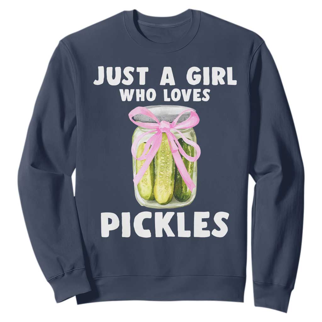Just a Girl Who Loves Pickles Sweatshirt Pickle Jars with Coquette Bow TS10 Navy Print Your Wear