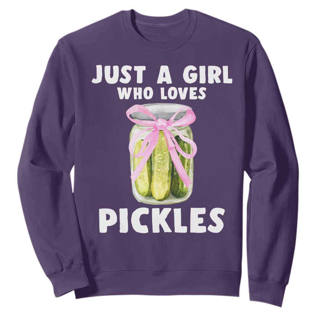 Just a Girl Who Loves Pickles Sweatshirt Pickle Jars with Coquette Bow TS10 Purple Print Your Wear
