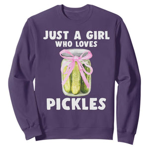 Just a Girl Who Loves Pickles Sweatshirt Pickle Jars with Coquette Bow TS10 Purple Print Your Wear
