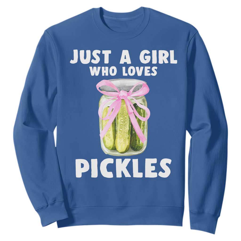 Just a Girl Who Loves Pickles Sweatshirt Pickle Jars with Coquette Bow TS10 Royal Blue Print Your Wear