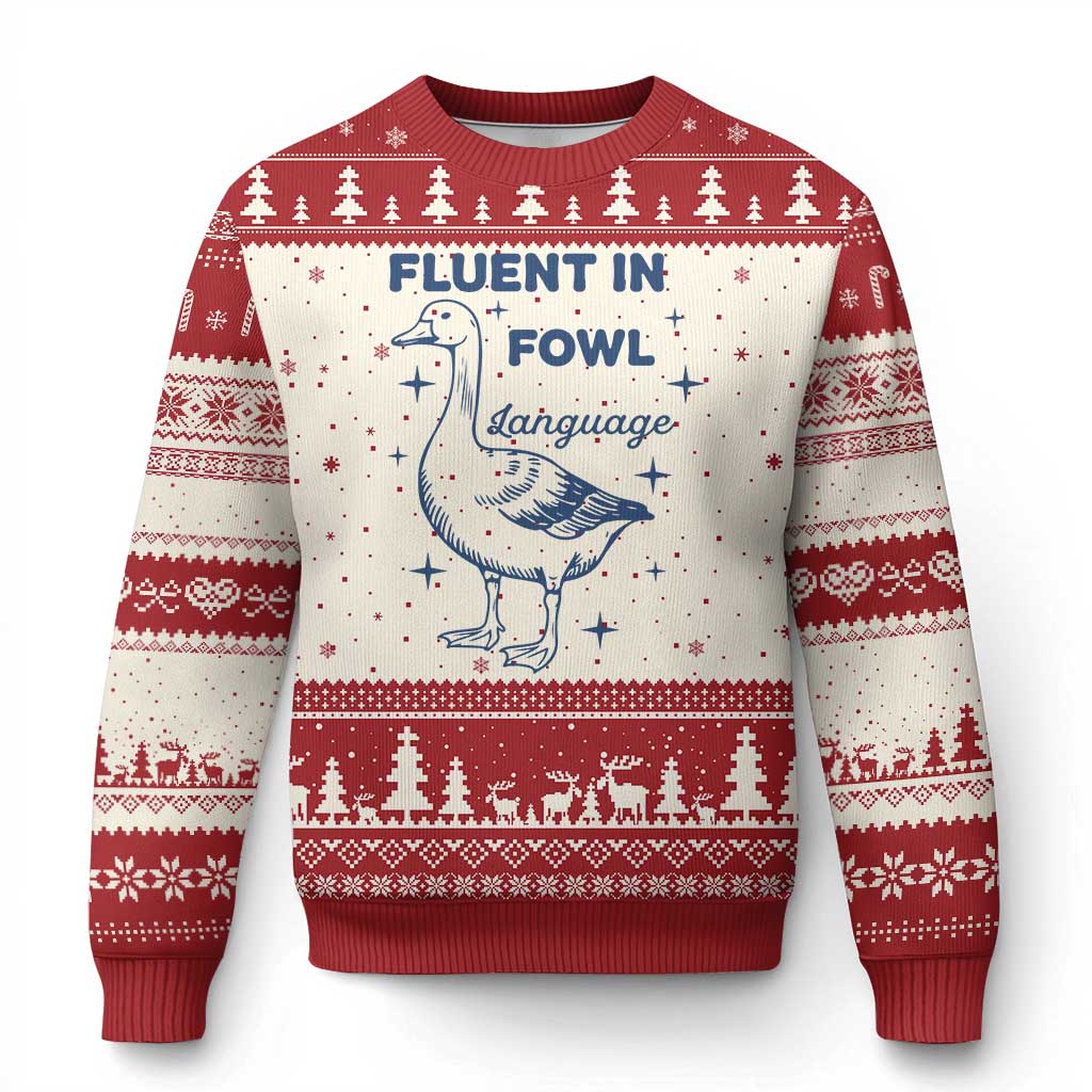 Fluent In FOWL Language Ugly Christmas Sweater Vintage 90s Funny Duck Meme TS10 Beige Red Print Your Wear