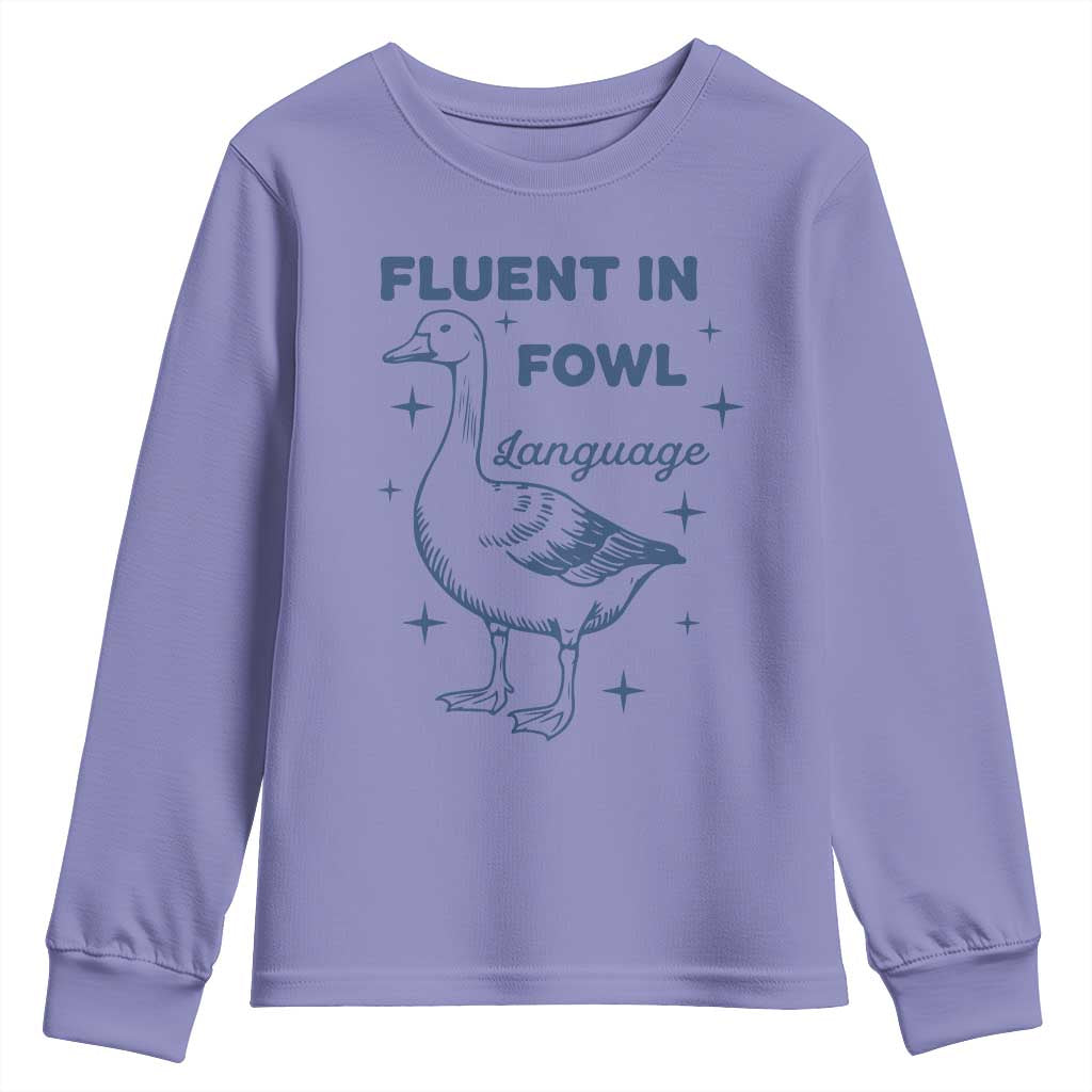 Fluent In FOWL Language Youth Sweatshirt Vintage 90s Funny Duck Meme TS10 Violet Print Your Wear