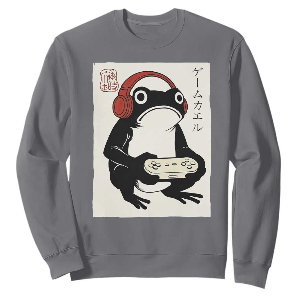 Japanese Gamer Frog Sweatshirt Boys Funny Vintage Gaming TS10 Charcoal Print Your Wear