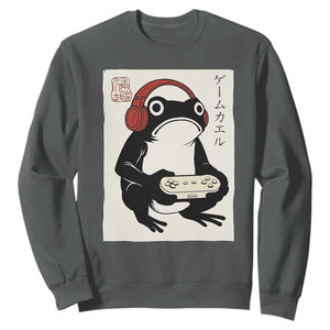 Japanese Gamer Frog Sweatshirt Boys Funny Vintage Gaming TS10 Dark Heather Print Your Wear