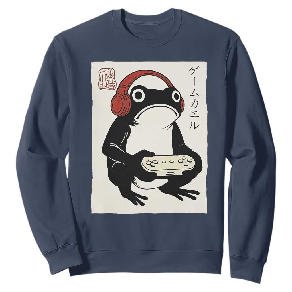 Japanese Gamer Frog Sweatshirt Boys Funny Vintage Gaming TS10 Navy Print Your Wear