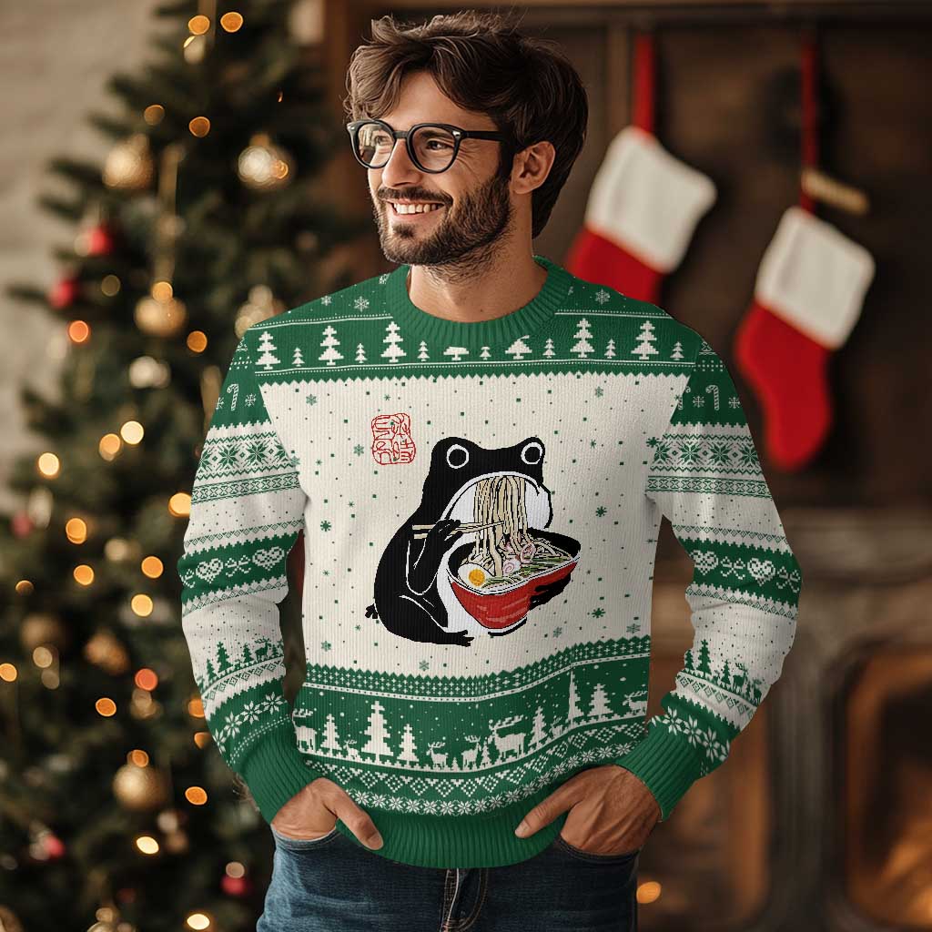 Funny Grumpy Frog Ramen Ugly Christmas Sweater Sumi-e Kawaii Ink Painting Japanese TS10 Beige Green Print Your Wear