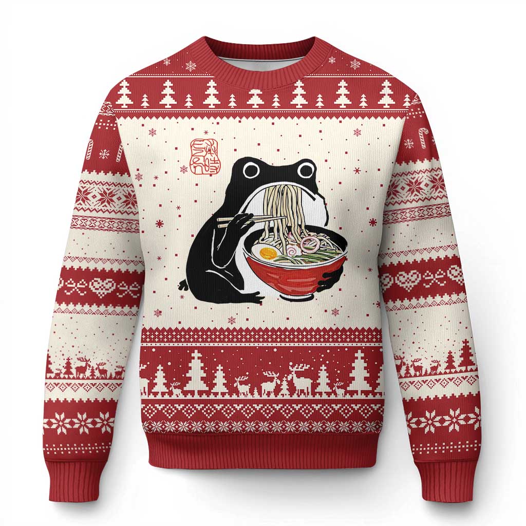 Funny Grumpy Frog Ramen Ugly Christmas Sweater Sumi-e Kawaii Ink Painting Japanese TS10 Beige Red Print Your Wear