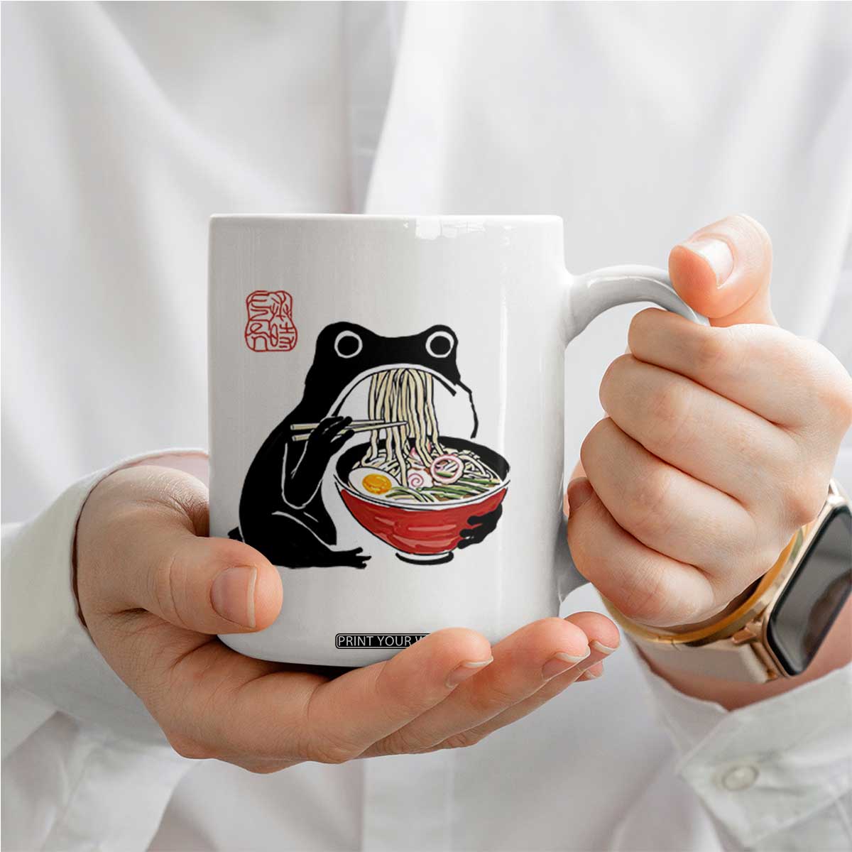 Funny Grumpy Frog Ramen Coffee Mug Sumi-e Kawaii Ink Painting Japanese TS10 Print Your Wear