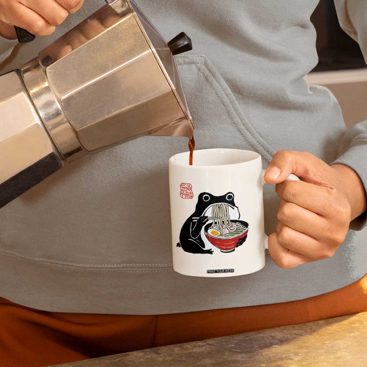 Funny Grumpy Frog Ramen Coffee Mug Sumi-e Kawaii Ink Painting Japanese TS10 Print Your Wear