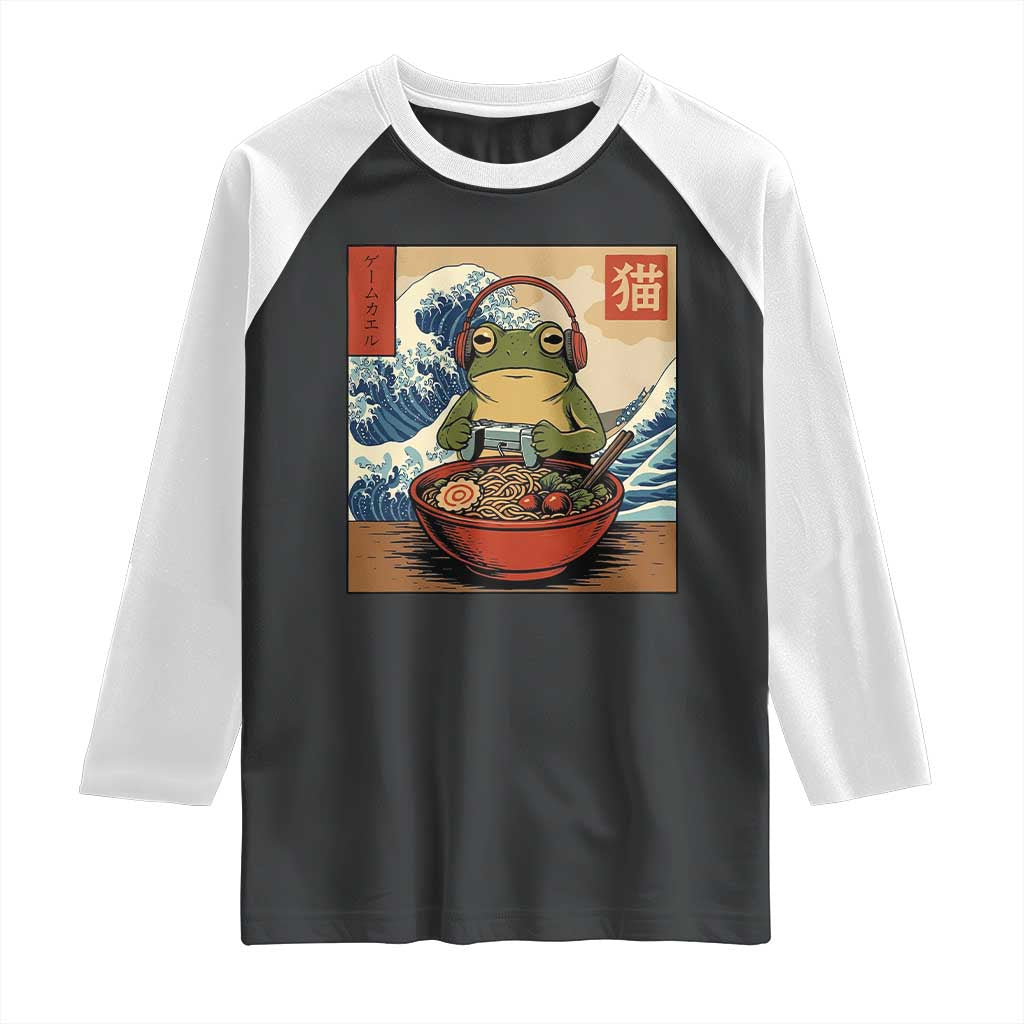 Cute Kawaii Gamer Frog Ramen Raglan Shirt Retro Japanese Funny Cat Gaming TS10 Black White Print Your Wear