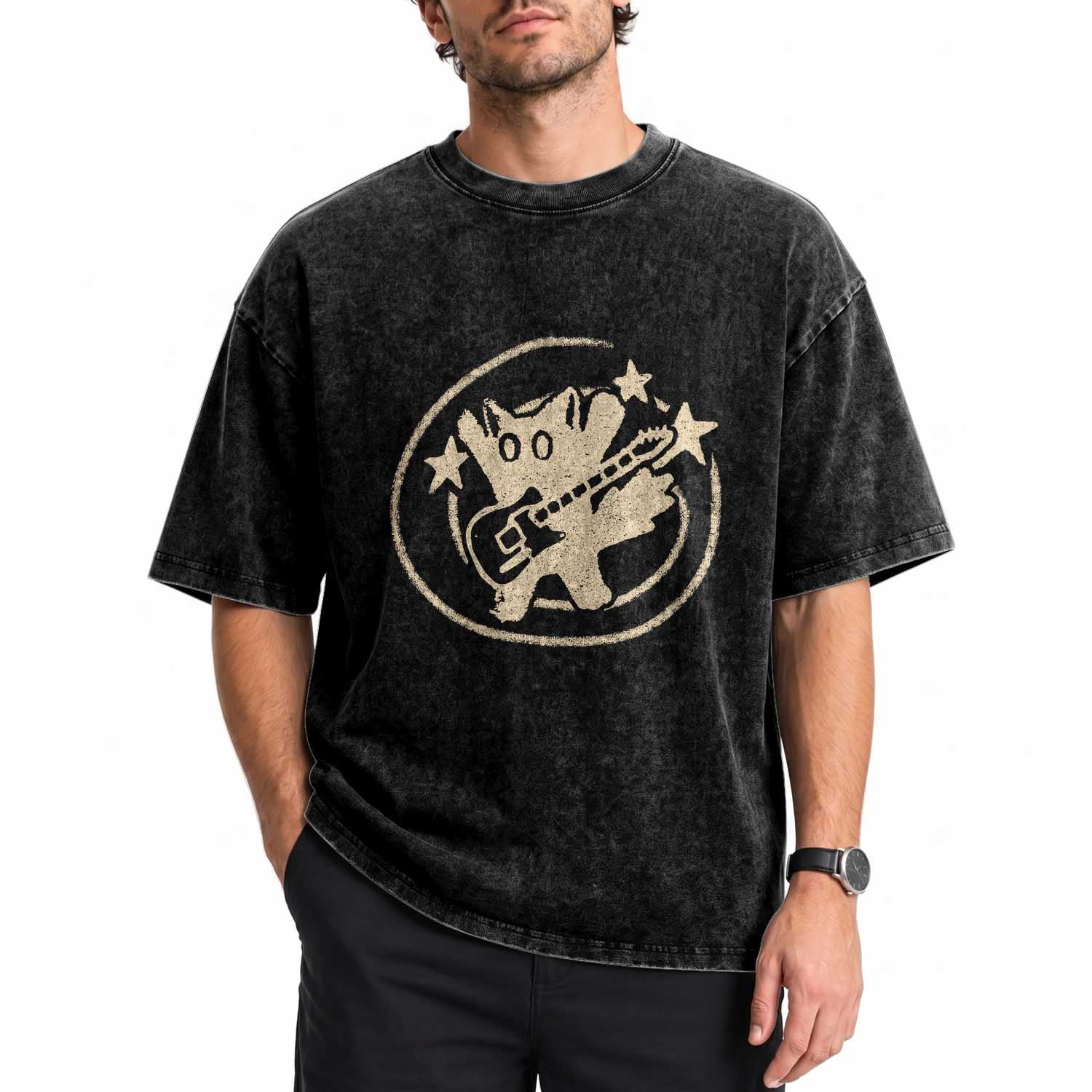 90s Y2K Scary Cat Washed Cotton T-Shirt Scared Under Starry Tail Cat Playing Guitar