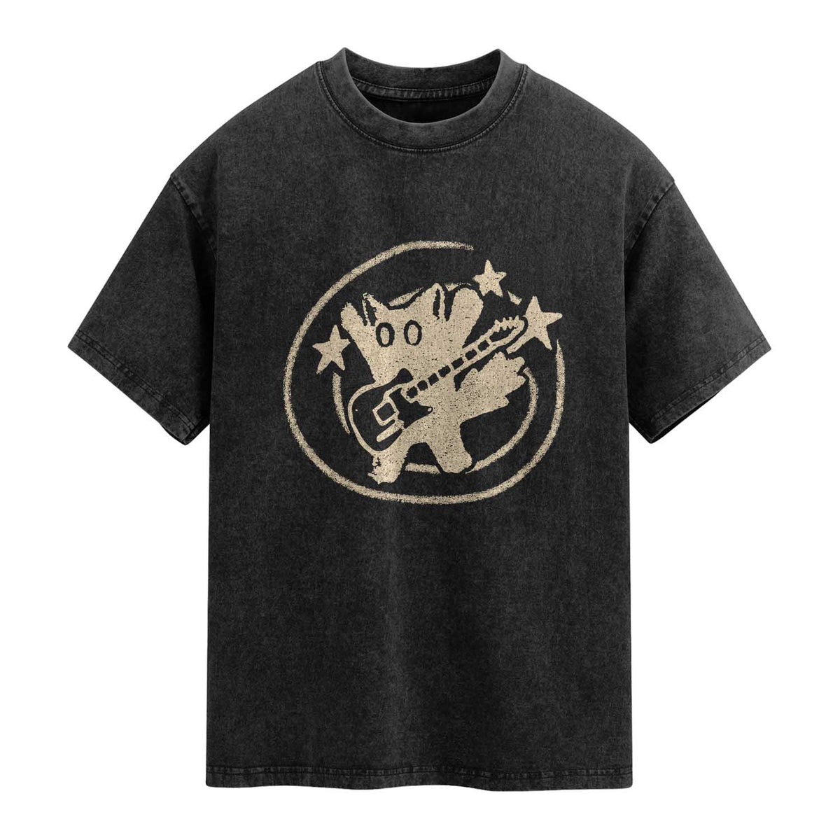 90s Y2K Scary Cat Washed Cotton T-Shirt Scared Under Starry Tail Cat Playing Guitar
