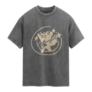 90s Y2K Scary Cat Washed Cotton T-Shirt Scared Under Starry Tail Cat Playing Guitar