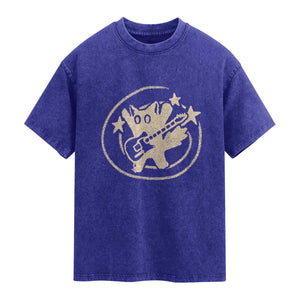 90s Y2K Scary Cat Washed Cotton T-Shirt Scared Under Starry Tail Cat Playing Guitar