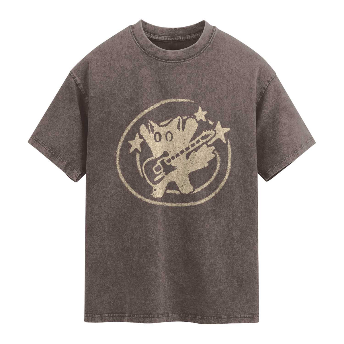 90s Y2K Scary Cat Washed Cotton T-Shirt Scared Under Starry Tail Cat Playing Guitar