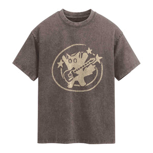 90s Y2K Scary Cat Washed Cotton T-Shirt Scared Under Starry Tail Cat Playing Guitar