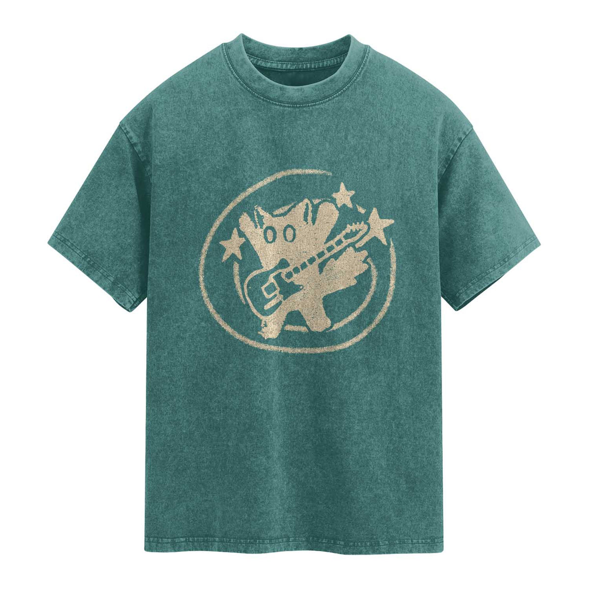 90s Y2K Scary Cat Washed Cotton T-Shirt Scared Under Starry Tail Cat Playing Guitar
