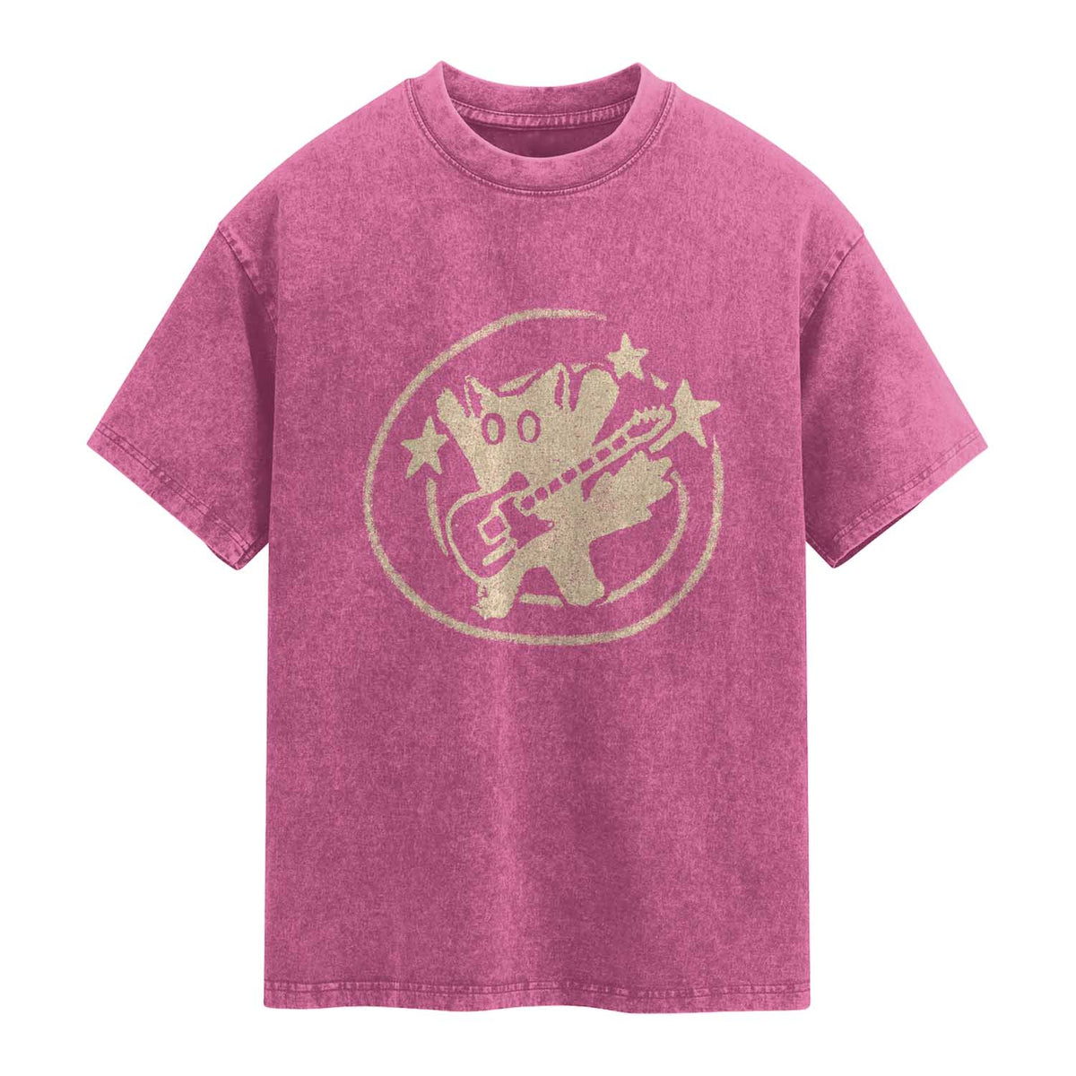 90s Y2K Scary Cat Washed Cotton T-Shirt Scared Under Starry Tail Cat Playing Guitar