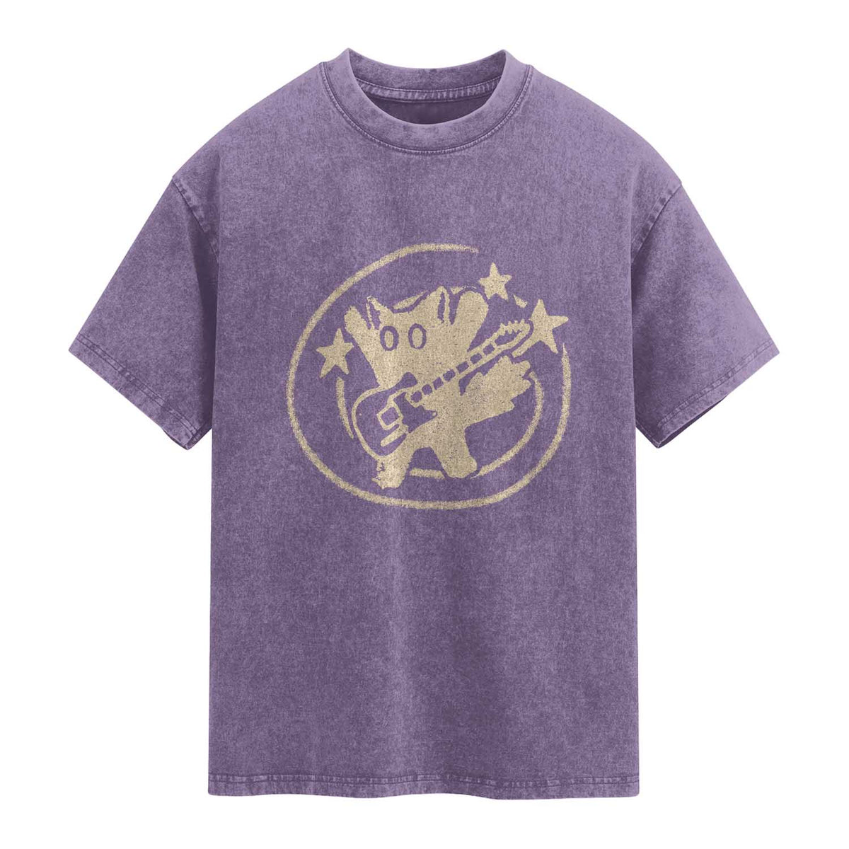 90s Y2K Scary Cat Washed Cotton T-Shirt Scared Under Starry Tail Cat Playing Guitar