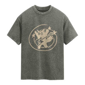 90s Y2K Scary Cat Washed Cotton T-Shirt Scared Under Starry Tail Cat Playing Guitar