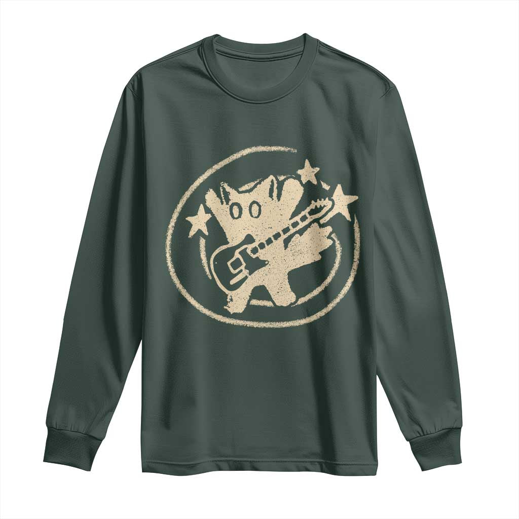 90s Y2K Scary Cat Long Sleeve Shirt Scared Under Starry Tail Cat Playing Guitar TS10 Dark Forest Green Print Your Wear