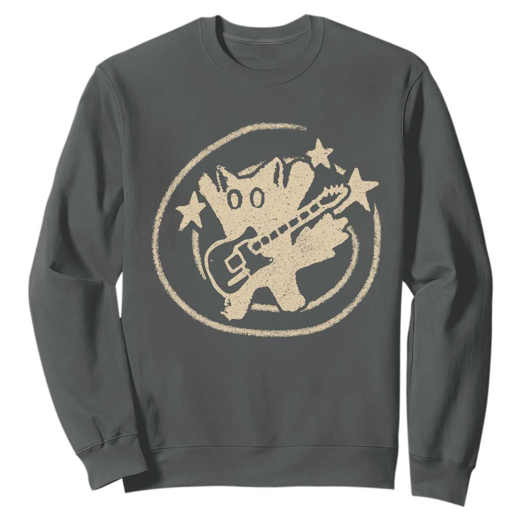 90s Y2K Scary Cat Sweatshirt Scared Under Starry Tail Cat Playing Guitar TS10 Dark Heather Print Your Wear