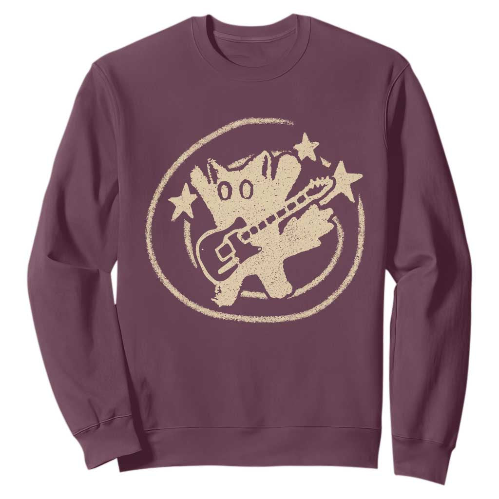 90s Y2K Scary Cat Sweatshirt Scared Under Starry Tail Cat Playing Guitar TS10 Maroon Print Your Wear