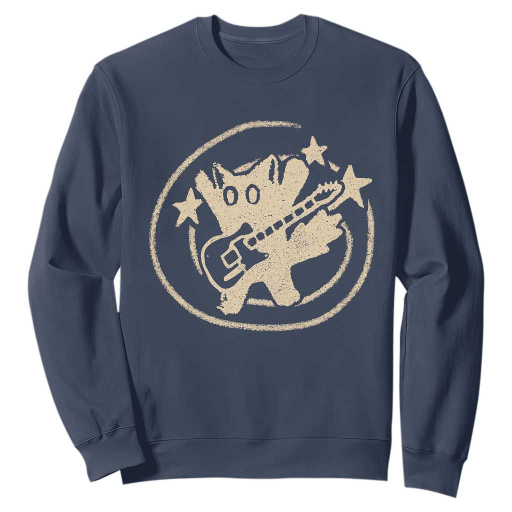 90s Y2K Scary Cat Sweatshirt Scared Under Starry Tail Cat Playing Guitar TS10 Navy Print Your Wear