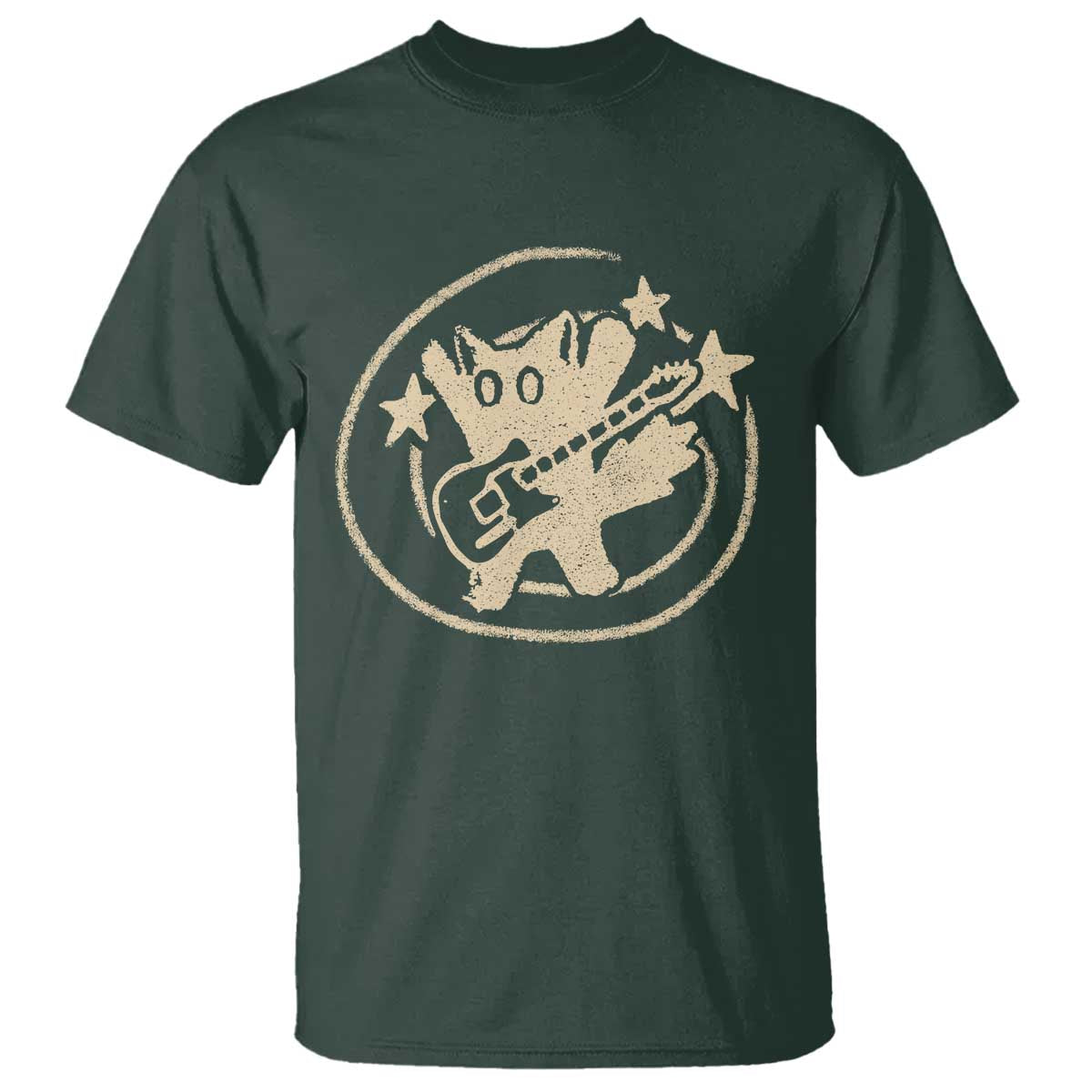 90s Y2K Scary Cat T Shirt Scared Under Starry Tail Cat Playing Guitar TS10 Dark Forest Green Print Your Wear