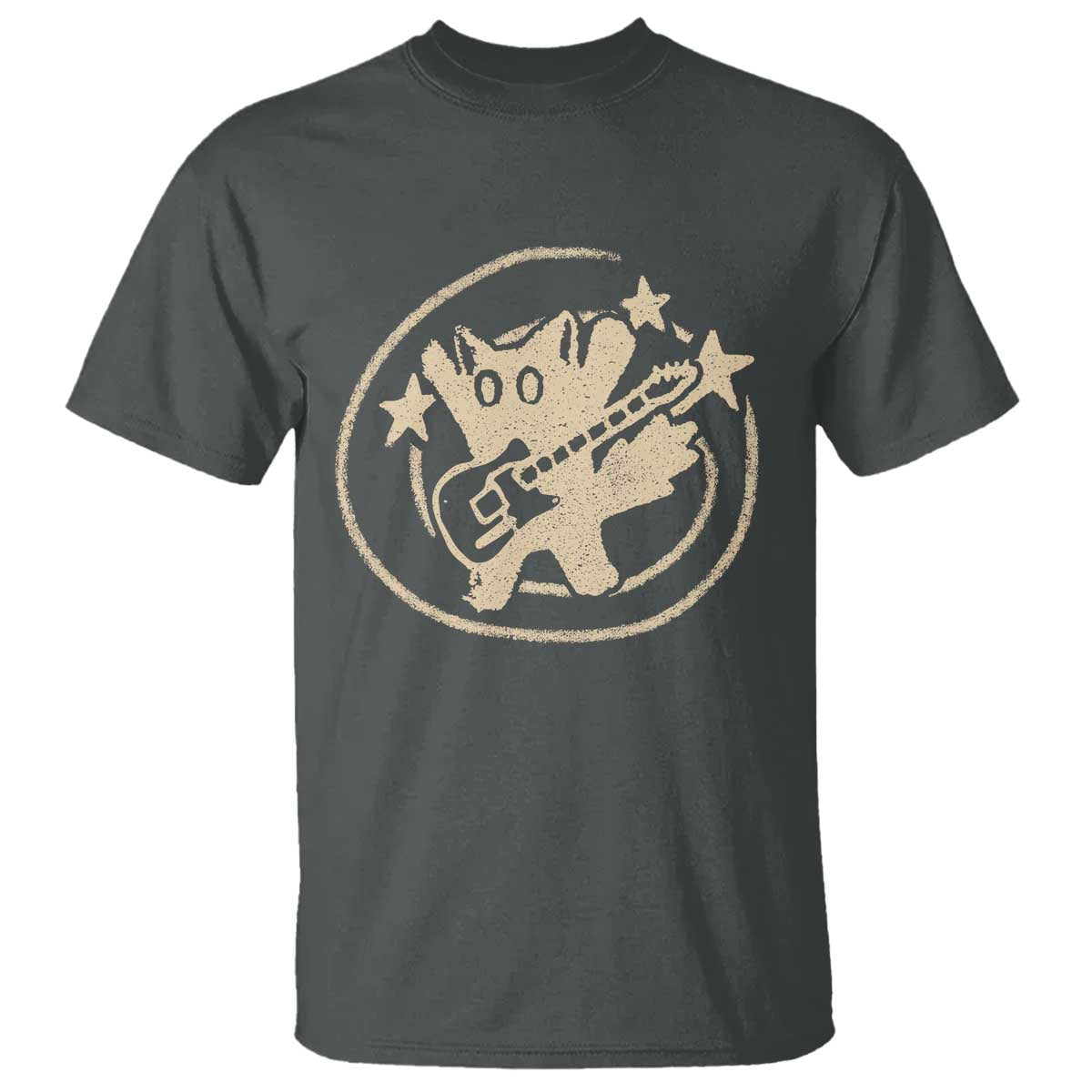 90s Y2K Scary Cat T Shirt Scared Under Starry Tail Cat Playing Guitar TS10 Dark Heather Print Your Wear