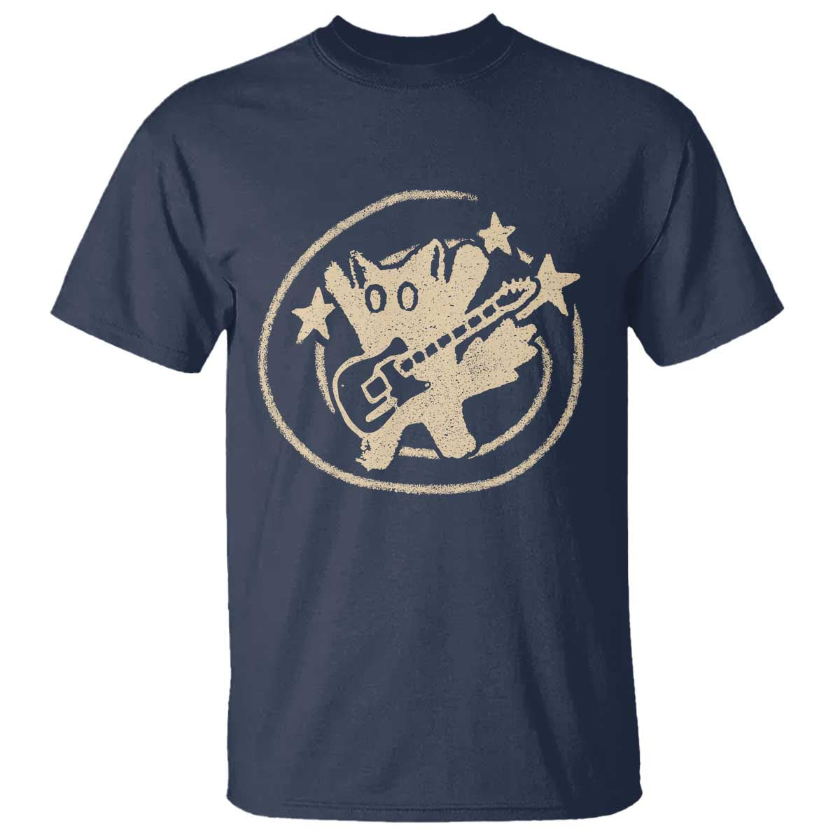 90s Y2K Scary Cat T Shirt Scared Under Starry Tail Cat Playing Guitar TS10 Navy Print Your Wear