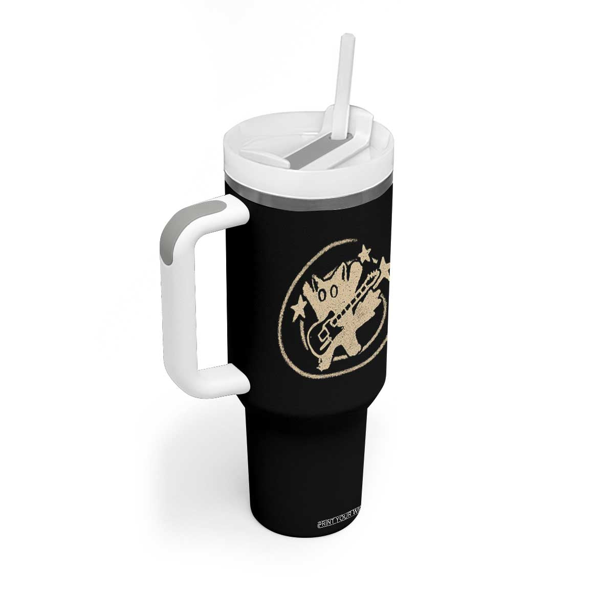 90s Y2K Scary Cat Tumbler With Handle Scared Under Starry Tail Cat Playing Guitar TS10 Print Your Wear