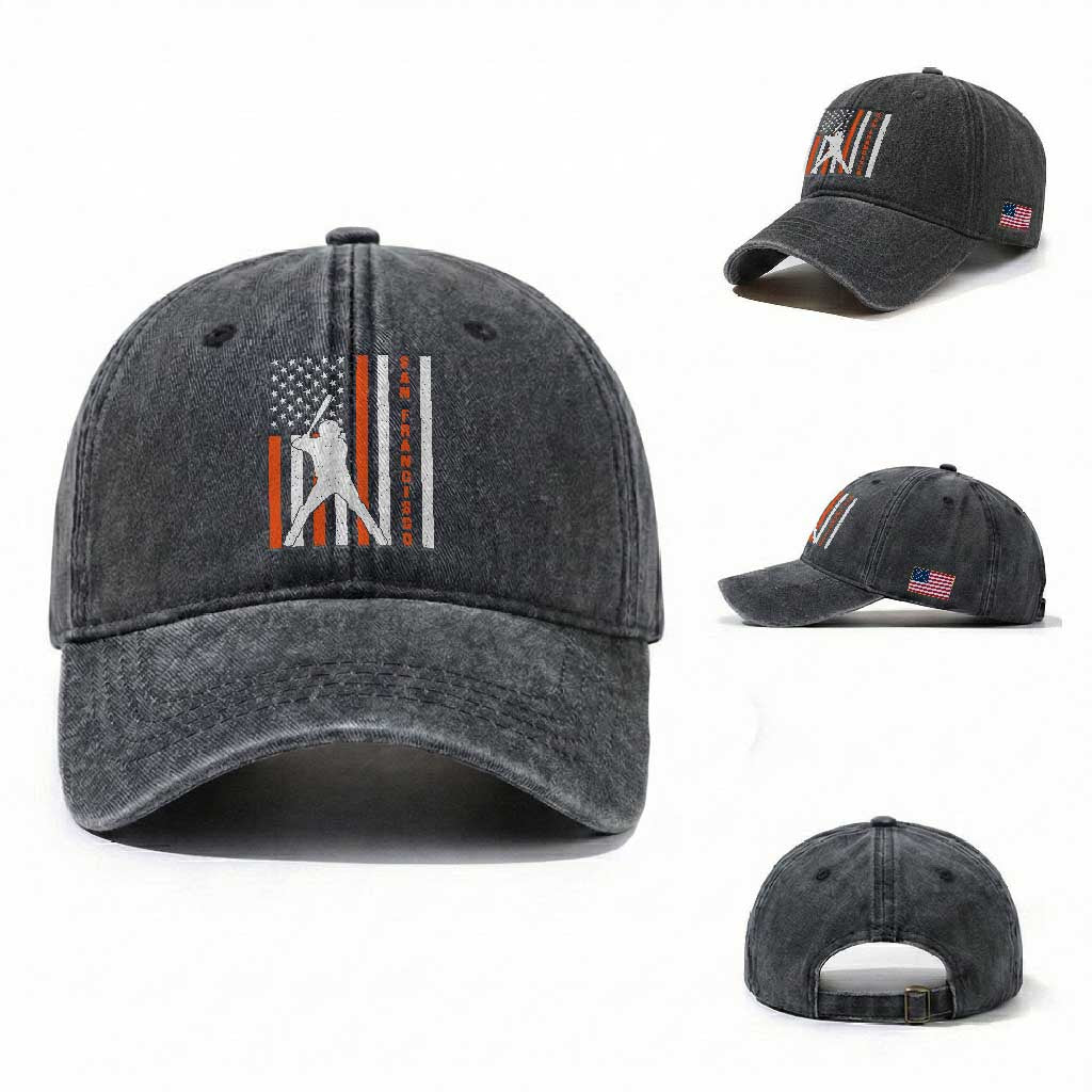Retro San Francisco Washed Cotton Baseball Cap Cool Distressed Baseball Fans SF USA Flag TS10 Washed Cap Universal Fit Dark Gray Print Your Wear