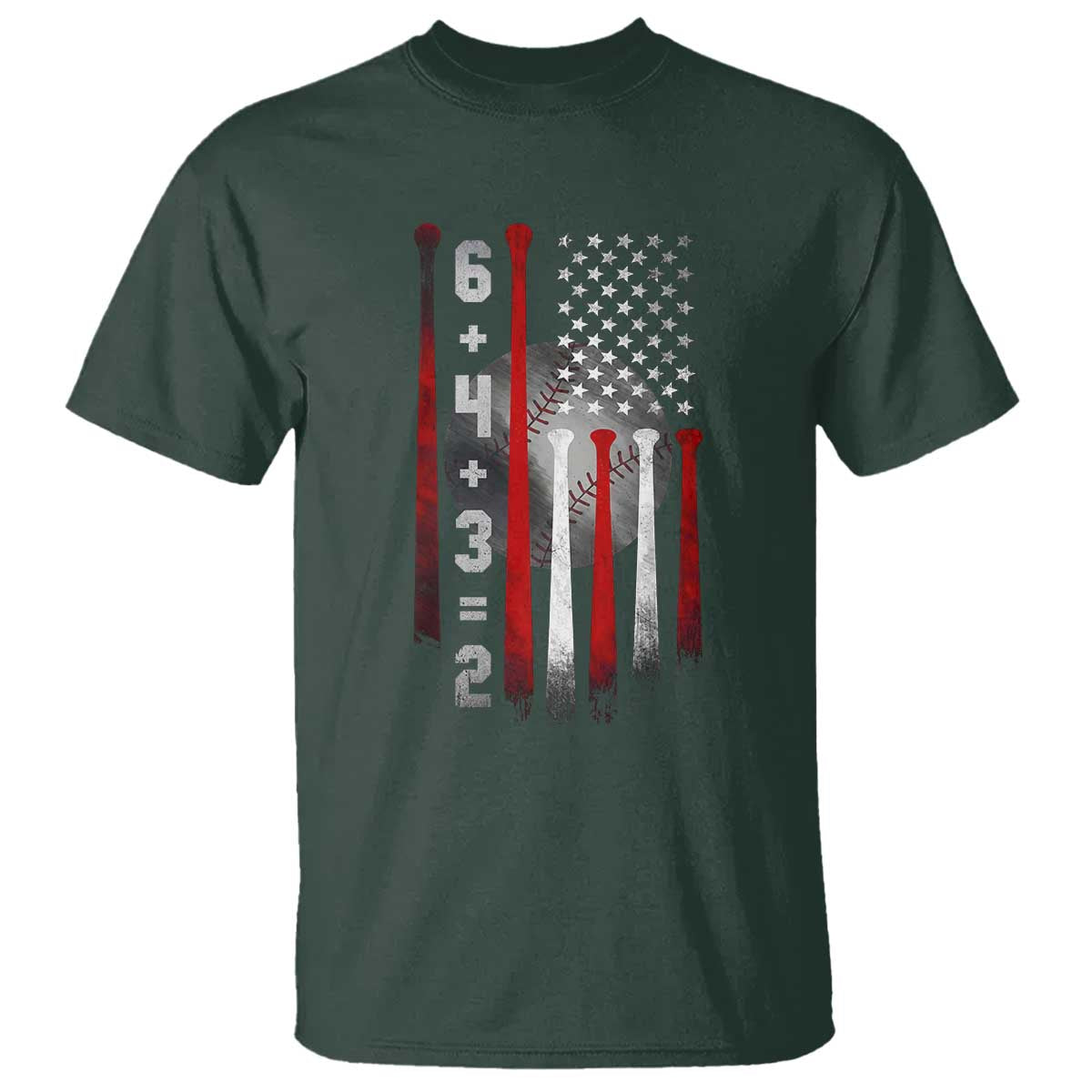 Double Play T Shirt 6 4 3 2 Vintage Baseball Math Softball Player American Flag TS10 Dark Forest Green Print Your Wear