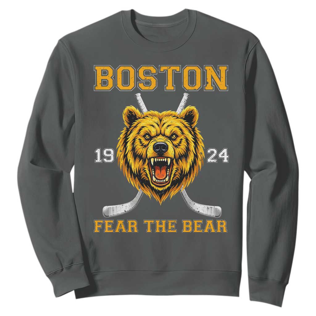 Boston Ice Hockey Sweatshirt Retro Vintage Fear The Bear TS10 Dark Heather Print Your Wear