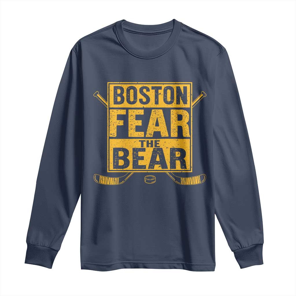 Boston Ice Hockey Long Sleeve Shirt Fear The Bear TS10 Navy Print Your Wear