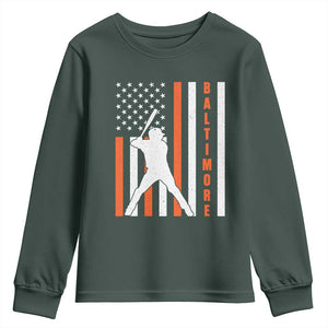 Baltimore Sport Baseball Fans Youth Sweatshirt Cool Distressed US Flag Maryland TS10 Dark Forest Green Print Your Wear
