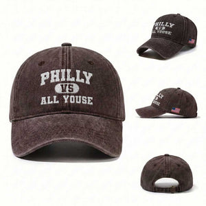 Philly Vs All Youse Washed Cotton Baseball Cap Vintage Funny Philadelphia Slang TS10 Washed Cap Universal Fit Dark Brown Print Your Wear