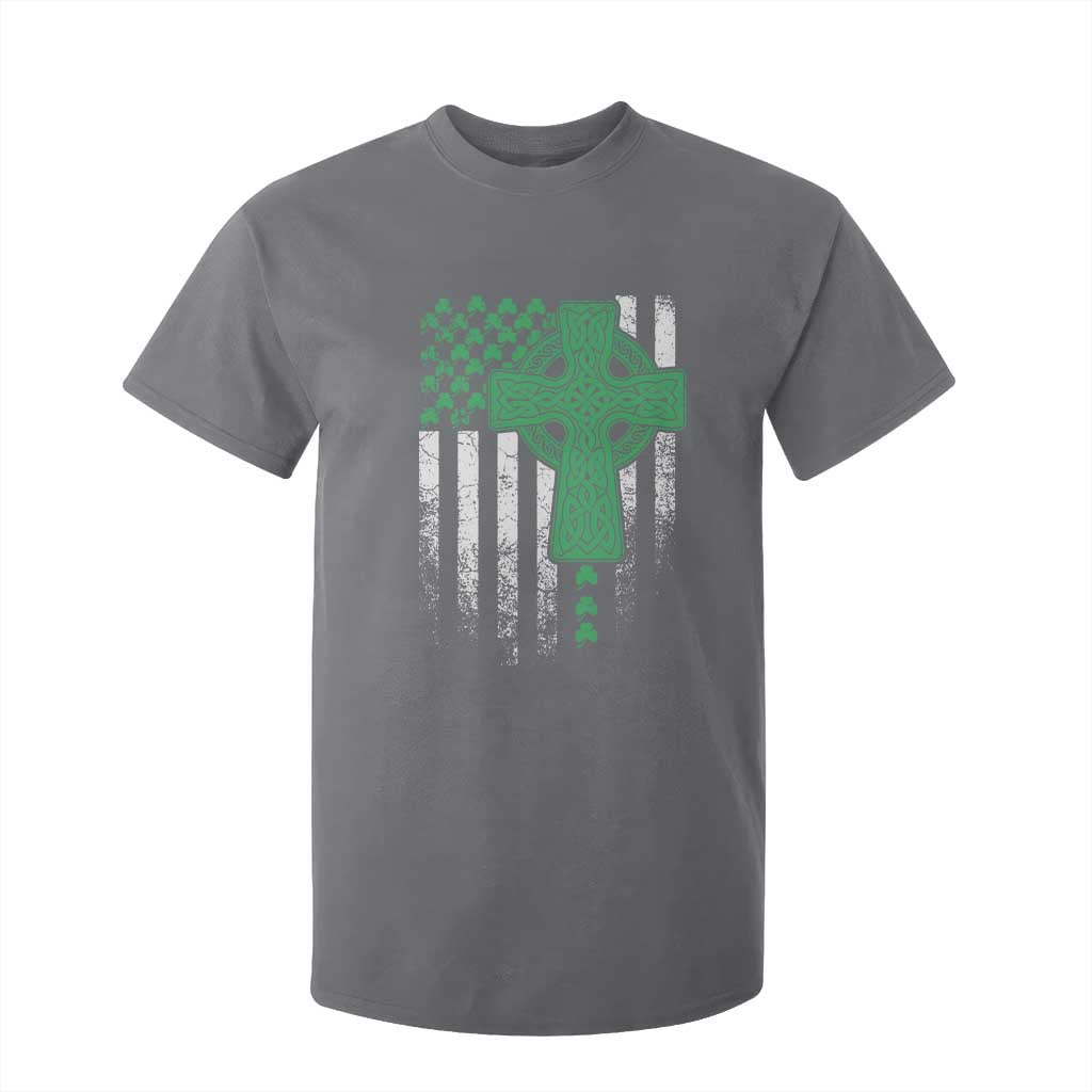 St Patricks Day American Flag T Shirt For Kid Celtic Cross Shamrocks TS10 Charcoal Print Your Wear