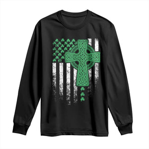 St Patricks Day American Flag Long Sleeve Shirt Celtic Cross Shamrocks TS10 Black Print Your Wear