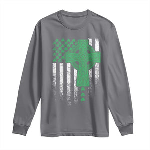 St Patricks Day American Flag Long Sleeve Shirt Celtic Cross Shamrocks TS10 Charcoal Print Your Wear