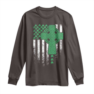 St Patricks Day American Flag Long Sleeve Shirt Celtic Cross Shamrocks TS10 Dark Chocolate Print Your Wear