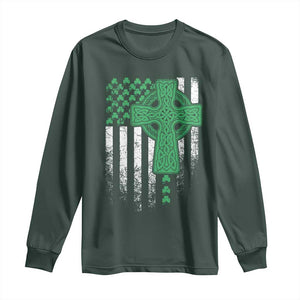 St Patricks Day American Flag Long Sleeve Shirt Celtic Cross Shamrocks TS10 Dark Forest Green Print Your Wear