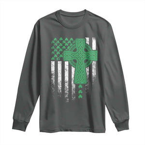 St Patricks Day American Flag Long Sleeve Shirt Celtic Cross Shamrocks TS10 Dark Heather Print Your Wear