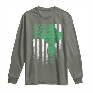 St Patricks Day American Flag Long Sleeve Shirt Celtic Cross Shamrocks TS10 Military Green Print Your Wear